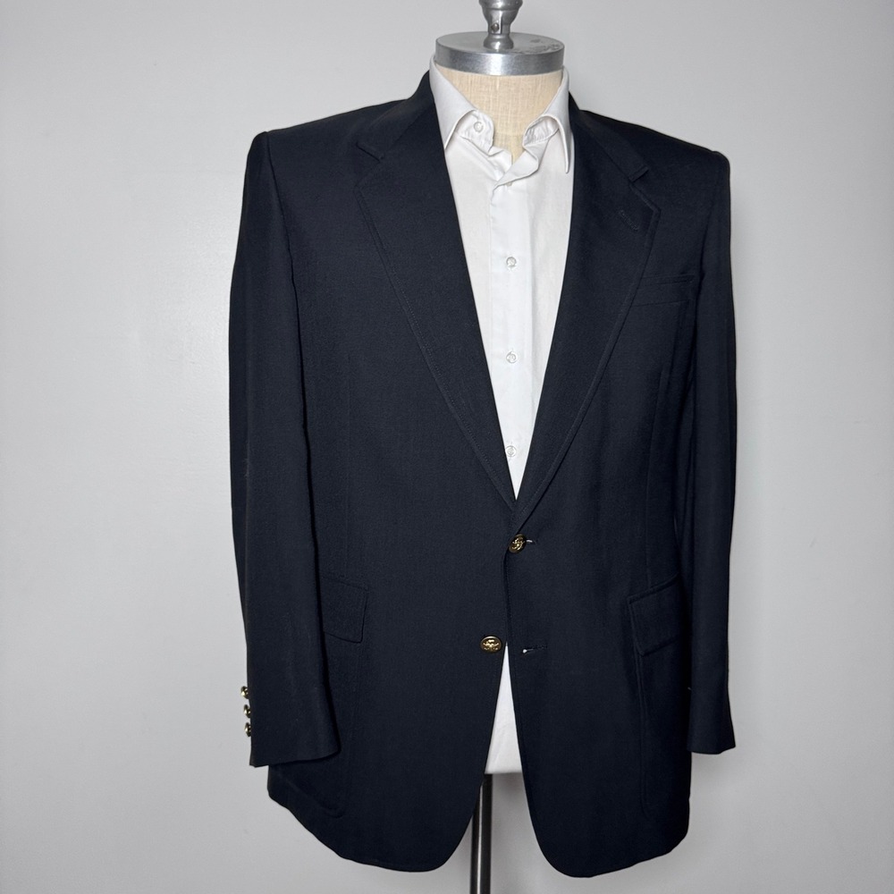 Vintage Hart Schaffner Marx Blazer Men 44L Black Solid Gold Button Jack Nicklaus